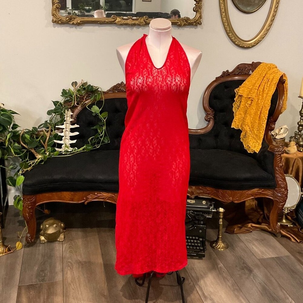 Y2K‎ Vintage Victoria's Secre Midi Slip Dress Halter Neck M Red lace lingerie
